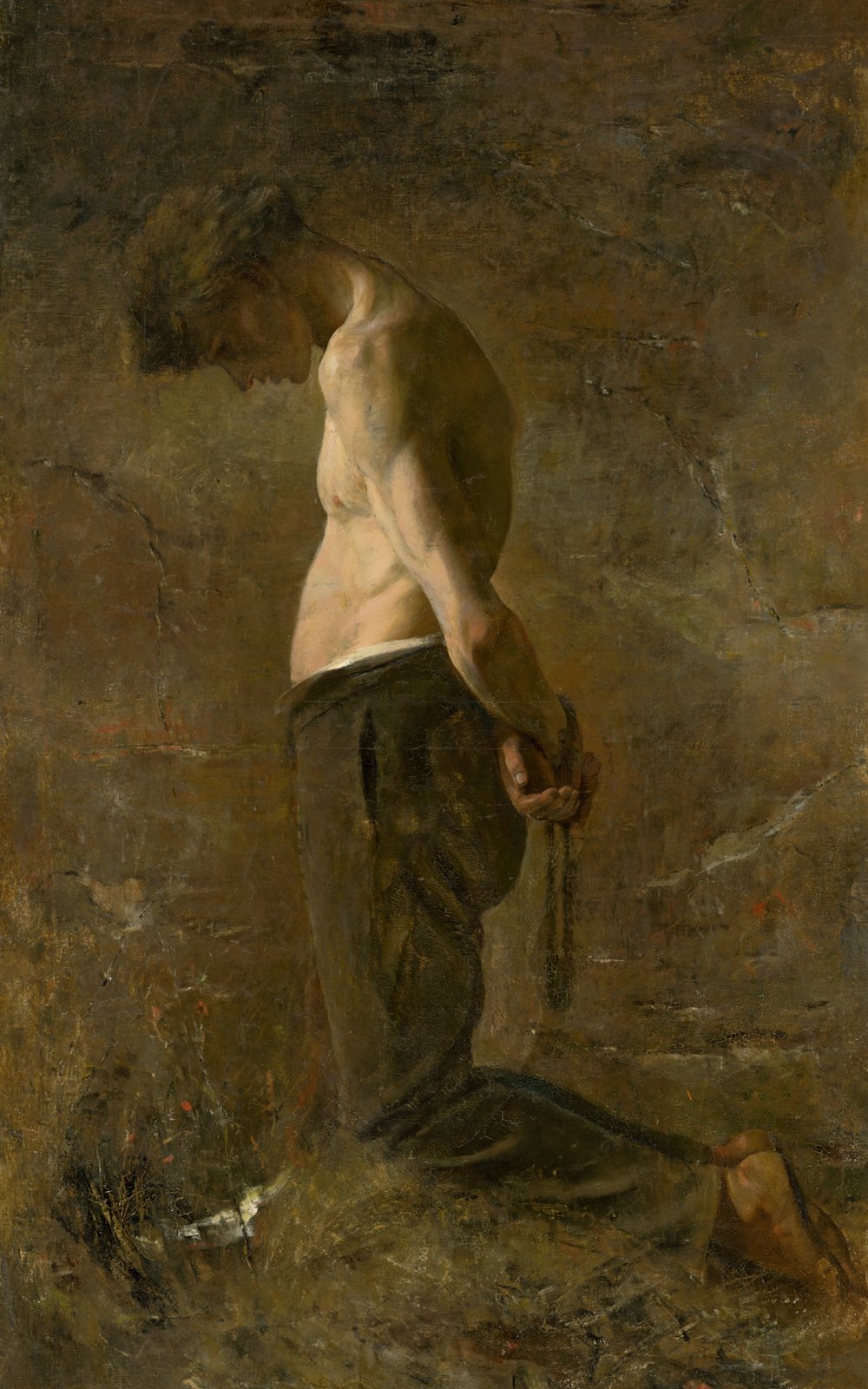 A bound man kneeling with his head bowed, in a dark classical oil painting.
